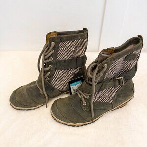 Sorel Womens Boots 7.5 Olive Leather Tweed Lace Up Winter Ankle Boots
